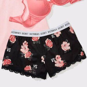 Victoria's Secret Black and Pink Lace Trim Pajama Shorts roses floral S